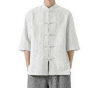 Camisa de lino para hombre, camisa tradicional china Tangzhuang, manga 3/4, camisa de lino con botones, cuello alto, camisa de verano, camiseta de manga corta, cómoda camisa informal para tai chi y
