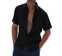 Camisa de lino para hombre, camisas de manga corta, camiseta con botones, camisas, cuello coreano, manga corta, camisetas para hombre, fantasía, camisa de hombre de verano, Negro-1, XXXL