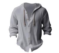 Camisa de lino para hombre con capucha, chaqueta de verano de algodón suave de manga larga para negocios, camisa de manga larga holgada de manga larga cómoda para exteriores, polo con botones