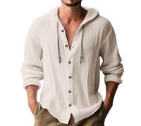 Camisa de lino para hombre con capucha, ligera, de manga larga/corta, de algodón y lino, con botones, capucha, estilo button-down, unisex, de un solo color, para ocio, camiseta con capucha, T-shirt de