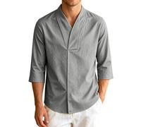 Camisa de lino para hombre con cuello en V, camisa de ocio chino, camiseta de manga larga de tres cuartos, elegante camisa de verano para invitados de boda, atuendo básico, camiseta de negocios