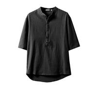 Camisa de lino para hombre, corte clásico, camiseta de manga corta, cuello en V, camisa casual para hombre, corte recto abotonado, estilo casual urbano elegante, A-le negro, 3XL