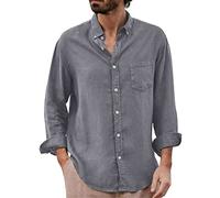 Camisa de lino para hombre de algodón, manga larga, camisa informal con solapa, color sólido, con botones, camisa cargo con botones y bolsillos, camisa informal de moda para hombre, C1 Gris, M