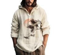 Camisa de lino para hombre de algodón y lino con capucha de verano de manga larga delgada con capucha para hombre, sudadera con botones, camiseta de verano ligera, cómoda camisa de ocio, T, L