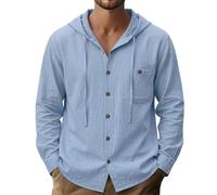 Camisa de lino para hombre de algodón y lino, con capucha, monocolor, con botones, manga larga, con capucha, camiseta de manga larga, delgada, camiseta de verano ligera, cómoda para el tiempo libre, R