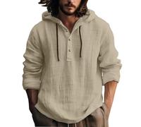 Camisa de lino para hombre de algodón y lino, sudadera con capucha para hombre, de lino, manga larga, informal, camisa de verano con botones y capucha, corte regular, polo suave, a, XXL