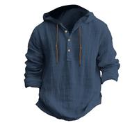 Camisa de lino para hombre de manga larga con capucha de gran tamaño con botones de gran tamaño, cómodas camisas informales, monocolor, sudaderas con capucha de algodón y lino con capucha, camisa