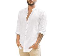 Camisa de lino para hombre, de manga larga, cuello de banda, con botones, ajuste holgado, transpirable, camisas de playa, ligeras, cómodas, de verano, color liso, casual, para vacaciones, blanco, L