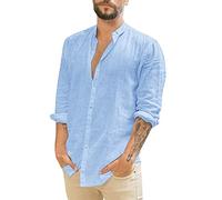 Camisa de lino para hombre, de manga larga, cuello de banda, con botones, ajuste holgado, transpirable, camisas de playa, ligeras, cómodas, de verano, color liso, casual, para vacaciones, azul claro
