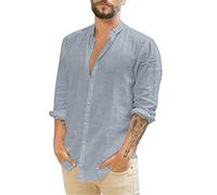 Camisa de lino para hombre, de manga larga, cuello de banda, con botones, ajuste holgado, transpirable, camisas de playa, ligeras, cómodas, de verano, color liso, casual, para vacaciones