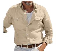 Camisa de lino para hombre de manga larga de algodón de verano con botones camiseta con bolsillo casual ligera camiseta de color liso elegante solapa camiseta camisa de hombre de manga larga moda, 01