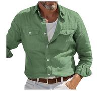 Camisa de lino para hombre de manga larga de algodón de verano con botones camiseta con bolsillo casual ligera camiseta de color liso elegante solapa camiseta camisa de hombre de manga larga moda, 01