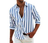 Camisa de lino para hombre, de manga larga, de verano, de manga larga, a rayas, para el tiempo libre, de lino, corte regular, camisa de playa informal con botones, azul, XXXL