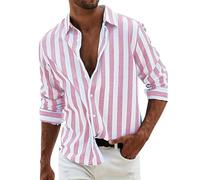 Camisa de lino para hombre de manga larga Slim Fit: camisa de manga larga cuello vuelto camiseta de verano ligera camisa de playa a rayas camisa de playa camisa superior transpirable camiseta casual