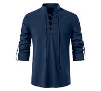 Camisa de lino para hombre de manga larga y algodón de lino, estilo retro escocés, estilo retro, transpirable, con cordones, larga para vikingos medievales, marine, XXL