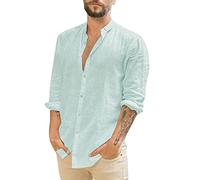 Camisa de lino para hombre de talla alta, manga larga, camisa de cuello de banda, camisa abotonada, ajuste suelto, transpirable, camisas de playa, ligera, cómoda, tops de verano, color sólido, ropa
