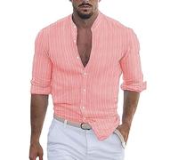 Camisa de lino para hombre de verano, camisa de playa a rayas, camisa de verano con botones, camisa de manga larga, corte ajustado, camisa de trabajo monocolor, transpirable, clásica camisa para