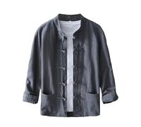 Camisa de lino para hombre, estilo vintage, estilo chino, manga larga, cuello alto, muselina, camisa de hombre, con bolsillo, camisas de lino, tallas grandes, gris, M
