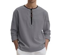 Camisa de lino para hombre Henley Shirts Rundals V-Ausschnitt Langarmshirts Soft Basic Sweatshirt Workout Fitness Sportshirts Transpirable Freizeithirts Oversized bequeme Tops, O gris., XXXL