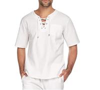 Camisa de lino para hombre, manga corta, con cordones, estilo vintage, Henley pirata, camisa de verano, camisa medieval, camisa Ghillie Kilt, Blanco, S