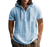 Camisa de Lino para Hombre, Manga Corta, Ligera, con Botones, Transpirable, para Verano, Estilo Bohemio, Playa, Vacaciones, con Capucha, Azul Claro, M
