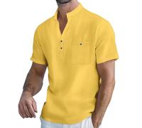 Camisa de lino para hombre, manga corta, lisa, transpirable, estilo Henley, camiseta de verano, playa, ligera, cuello de abuelo, camisas formales casuales con bolsillo, camisetas de verano, amarillo