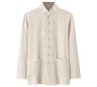 Camisa de lino para hombre, manga larga, cuello alto, tang traje, tradición, Kung Fu Tai Chi, uniforme de estilo chino, camisa vintage con botones, camisas casuales con bolsillos, camisa de algodón