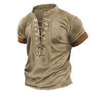 Camisa de lino para hombre medieval Henley Camisa Algodón Retro Manga Corta Camisas Vintage Cuello de Pico Vikingo Camisa con Cordones Pirata Renaissance Camisas Casual Hombres Tops Monótonos, O Khaki