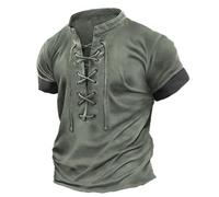 Camisa de lino para hombre medieval Henley Camisa Algodón Retro Manga Corta Camisas Vintage Cuello de Pico Vikingo Camisa con Cordones Pirata Renaissance Camisas Casual Hombres Tops Monótonos, O Verde