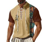 Camisa de lino para hombre vintage, estilo bohemio, étnico, camisa de manga corta, diseño indio, camisa de ocio, retro, tribal, camisa de hombre con cordones, ligera, transpirable, cuello alto, camisa