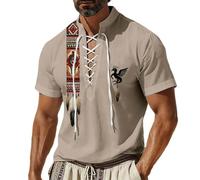Camisa de lino para hombre vintage, estilo bohemio, étnico, camisa de manga corta, diseño indio, camisa de ocio, retro, tribal, camisa de hombre con cordones, ligera, transpirable, cuello alto, camisa