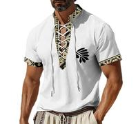 Camisa de lino para hombre vintage, estilo bohemio, étnico, camisa de manga corta, diseño indio, camisa de ocio, retro, tribal, camisa de hombre con cordones, ligera, transpirable, cuello alto, camisa