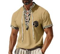 Camisa de lino para hombre vintage, estilo bohemio, étnico, camisa de manga corta, diseño indio, camisa de ocio, retro, tribal, camisa de hombre con cordones, ligera, transpirable, cuello alto, camisa