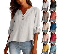 Camisa de lino para mujer, blusa de lino medieval, blusa de verano de manga larga, elegante camiseta de lino, cuello en V, túnica de lino con botones, parte superior de lino, monocolor, blusa de