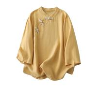 Camisa de Lino para Mujer Camisa de Lino y algodón for Mujer, Blusa Informal Elegante con Mangas Nueve Minutos, Estilo literario, Primavera otoño para Daily(Yellow,XL)