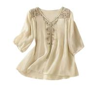 Camisa de Lino para Mujer con Cuello en V Bordada Estilo literario Holgada Verano Ligera Elegante Camisetas Manga Corta Mujer BáSicas Larga Camisas Blanca Camiseta Algodon