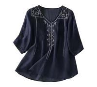Camisa de Lino para Mujer, Cuello en V, Bordada, Estilo literario, Holgada, Verano Camiseta Running Mujer Blusas Casual Oversize Ropa De