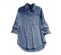 Camisa de lino para mujer de gran tamaño, camisa anti UV para mujer de manga larga, blusa vintage Blusas Blusas vintage Blusa a cuadros altos con bolsillo y botón Top Revers Ropa de solapa XXXXXL