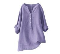 Camisa de lino para mujer, de manga larga, talla grande, de algodón, cuello de pico, con botón, camisa de ocio, camiseta de manga larga, monocolor, holgada, transpirable, ligera, morado, XXXL
