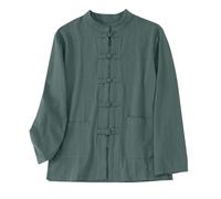 Camisa de lino para mujer, estilo chino, artes marciales tradicionales, Kung Fu Tai Chi Tang Traje Uniforme Manga Larga Algodón Lino Camisa Regular Fit Button-down Fisherman Shirt Transpirable Wear, O