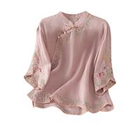 Camisa de lino para mujer, manga corta, blusa para mujer, elegante, camiseta de verano, cuello oblicuo, parte superior, bordado chino, camiseta de algodón y lino, camiseta de verano de manga corta