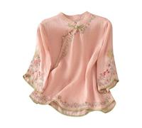 Camisa de lino para mujer, manga corta, blusa para mujer, elegante, camiseta de verano, cuello oblicuo, parte superior, bordado chino, camiseta de algodón y lino, camiseta de verano de manga corta