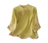 Camisa de lino para mujer, manga corta, blusa para mujer, elegante, camiseta de verano, cuello oblicuo, parte superior, bordado chino, camiseta de algodón y lino, camiseta de verano de manga corta