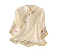 Camisa de lino para mujer, manga corta, blusa para mujer, elegante, camiseta de verano, cuello oblicuo, parte superior, bordado chino, camiseta de algodón y lino, camiseta de verano de manga corta