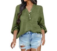 Camisa de lino para mujer, manga larga, camiseta de lino y mujer, blusas con botones, refrescante, transpirable, blusa paspartout blusa color sólido Básico camiseta de tela arrugada Tops al aire libre