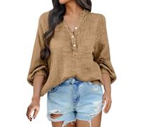 Camisa de lino para mujer, manga larga, camiseta de lino y mujer, blusas con botones, refrescante, transpirable, blusa paspartout blusa color sólido Básico camiseta de tela arrugada Tops al aire libre