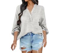 Camisa de lino para mujer, manga larga, camiseta de lino y mujer, blusas con botones, refrescante, transpirable, blusa paspartout blusa color sólido Básico camiseta de tela arrugada Tops al aire libre