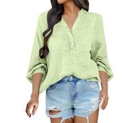 Camisa de lino para mujer, manga larga, camiseta de lino y mujer, blusas con botones, refrescante, transpirable, blusa paspartout blusa color sólido Básico camiseta de tela arrugada Tops al aire libre