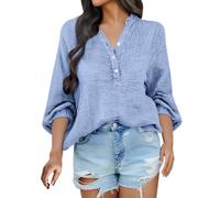 Camisa de lino para mujer, manga larga, camiseta de lino y mujer, blusas con botones, refrescante, transpirable, blusa paspartout blusa color sólido Básico camiseta de tela arrugada Tops al aire libre