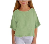 Camisa de Lino para niña, de Media Manga y Volantes, con Cuello Redondo, de Moda, Color Liso, Holgada e Informal, Adecuada para niñas de 5 a 15 años. (Green, 9-10 Years)